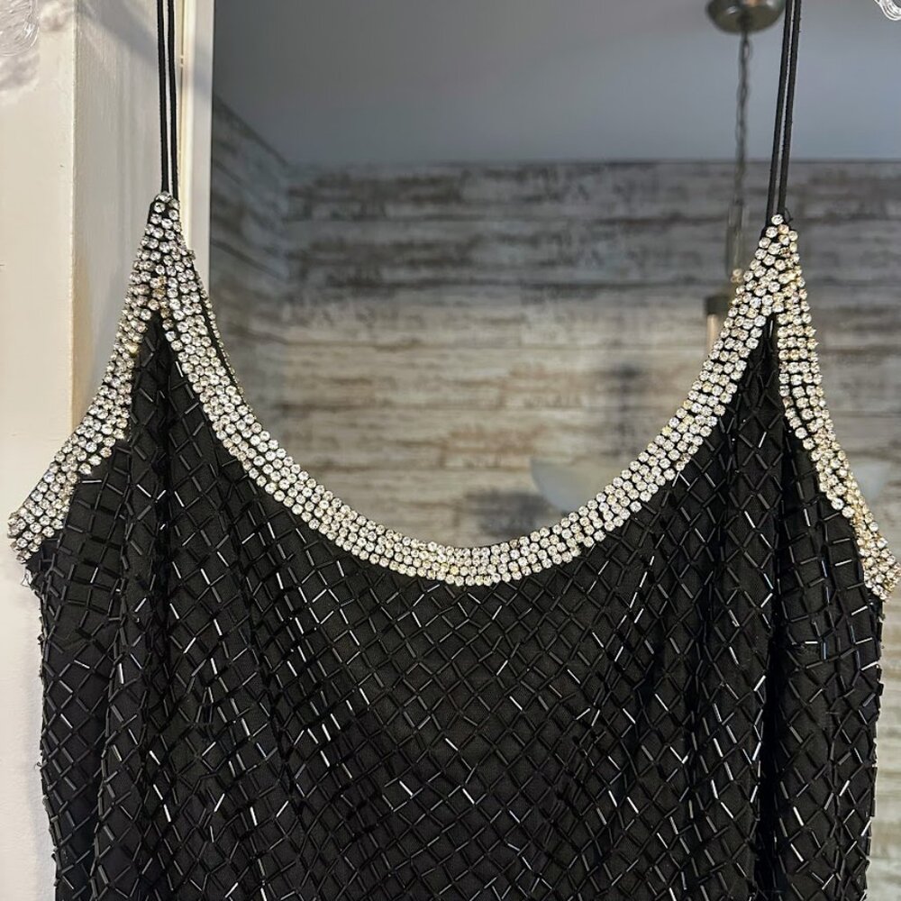 NWT Mac Duggal Black Beaded Spaghetti Strap Gown Sz 14 Formal Evening Dress - Picture 6 of 16